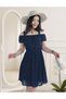 Women's Navy Blue Polka Dot Off-Shoulder Lined Dress - Casual and Special Occasion Dress for Women