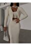 Dgn's London Button-Detail Slit Skirt-Cardigan-Blouse 3-Piece Set