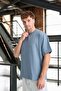 Two Thread Fabric Cotton Crew Neck Basic Oversize Men's T-Shirt - Cold Blue