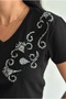 Women's Black Gray Flower Sequin Sequin Embroidered 100% Cotton Short Sleeve T-Shirt S-M-L - 4