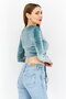 Women Round Neck Long Sleeves Velvet Crop Top, Green - 2