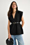 Women's Black Pocket Detailed Belted Padded Oversize Lined Blazer Vest 11143 60281003 - 5