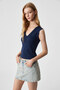 Lescosa Women Slim V Neck Sleeveless Navy Blue Blouse - 3