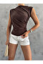 Women's Brown Sandy Fabric Cross-Drawstring Detailed Tank Top - 6