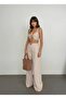 Striped Double Buckle Natural Textured Linen Fabric Palazzo Trousers Back Elastic Triangle Crop Suit - 2