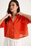 Women's Orange V-Neck Single Pocket Detailed Short Cotton Linen Summer Shirt 232-2043 60283347 - 4