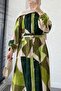 Geometric Pattern Belted Viscose Dress-Green - 5