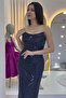 Women's Strapless Beaded Midi Length Evening Dress Indigo, Navy Blue - 4