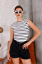 Cotton Stretch Fabric Dolman Sleeve Black-White Striped T-Shirt - 2