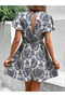 Women's Short Sleeve V-Neck Belted Waist Patterned Sofia Dress - 3