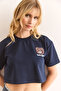 Women's Navy Blue Teddy Bear Appliqued Crop 2 Thread T-Shirt Tsh-19000902 - 6