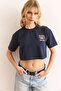 Women's Navy Blue Teddy Bear Appliqued Crop 2 Thread T-Shirt Tsh-19000902 - 2