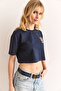 Women's Navy Blue Teddy Bear Appliqued Crop 2 Thread T-Shirt Tsh-19000902 - 5