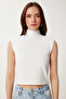 Women's Ecru Biscuit Stand Collar Padded Ribbed Flexible 2 Pack Knitted Blouse Us00993 - 8