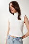 Women's Ecru Biscuit Stand Collar Padded Ribbed Flexible 2 Pack Knitted Blouse Us00993 - 6