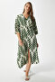 Women's Isabel Green Ecru Double Breasted Viscose Dress with Elastic Waist Slit
