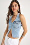 Women's Ice Blue Halter Neck Low-Cut Detailed Denim Blouse 3433 60283271 - 5