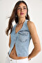 Women's Ice Blue Halter Neck Low-Cut Detailed Denim Blouse 3433 60283271 - 4