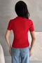 Women's Red Half Zipper Polo Neck Ribbed Knitted Blouse - 5