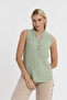 Muslin Blouse - Muslin High Collar Half Placket Sleeveless Blouse - 1070