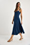 Women's Navy Blue Thin Strap Godeli Square Neck Midi Dress 7001 60283327 - 4