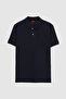 Regular Fit Navy Blue Pique Textured 100% Cotton Non-Curling Polo Neck Embroidered T-Shirt - 5