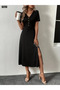 Women Short Sleeve Dress V Neck Front Button Slit - 2