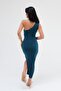 One Shoulder Draped Petrol Sandy Midi Dress - 2