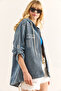 Women's Light Blue Pocketed Hooded Paneled Oversized Denim Jacket CKT-19000389 - 2