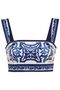 Women's Premium Quality Blue White Patterned Strappy Square Neck Crop Top and High Waist Mini Skirt Set - 5