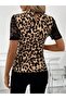 Women's Short Sleeve Half Turtleneck Leopard Print Diver Fabric Blouse - 4