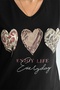 Women's Black V-Neck Heart Pattern Sequin Embroidered 100% Cotton T-Shirt - 2
