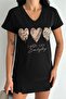 Women's Black V-Neck Heart Pattern Sequin Embroidered 100% Cotton T-Shirt - 4