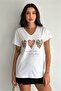 Women's White V-Neck Heart Pattern Sequin Embroidered 100% Cotton T-Shirt - 4