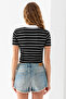 Women's Polo Neck Striped Cotton T-Shirt Black White - 25795 - 8