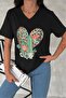 Women's Black V-Neck Large Size Cactus Sequin Sequin Embroidered 100% Cotton Large Size T-Shirt - 5