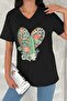 Women's Black V-Neck Large Size Cactus Sequin Sequin Embroidered 100% Cotton Large Size T-Shirt