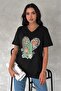 Women's Black V-Neck Large Size Cactus Sequin Sequin Embroidered 100% Cotton Large Size T-Shirt - 3