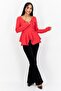 Women V Neck Long Sleeves Plain Blouse, Red - 3