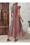 Women's Ethnic Patterned Slit V-Neck Long Single Jersey Dress - 6