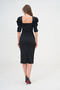 Flexible Fabric Square Neck Midi Length Slit Detailed Short Sleeve Black Dress 026 - 3