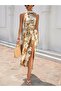 Women's Off-The-Shoulder Halter Neck Slit Floral Patterned Single Jersey Dress - 6