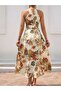 Women's Off-The-Shoulder Halter Neck Slit Floral Patterned Single Jersey Dress - 5