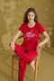 Women's 100% Cotton Red Good Night Written Star Patterned Short Sleeve Six Long Pajama Set - 2