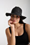 Women's Straw Hat Summer Wide Brim Black Beach Trilby Model with Ribbon