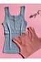 Button Detailed 2-Piece Pool Collar Light Blue and Dusty Rose Color Cotton Lycra Blouse