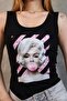 Crystal Stone Thick Strap Black Cotton Sleeveless Tshirt Women's Athlete Body - 2