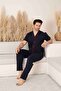 Men's Navy Blue Front Button Short Sleeve Six Long Combed Cotton Knitted Fabric Summer Pajamas Set - 2