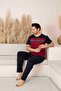 Men's Burgundy Piece Short Sleeve Six Long Combed Cotton Knitted Fabric Summer Pajamas Set