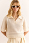 Women's Stone Polo Neck Openwork Cotton Content Knitwear Blouse Blz-19002986 - 3